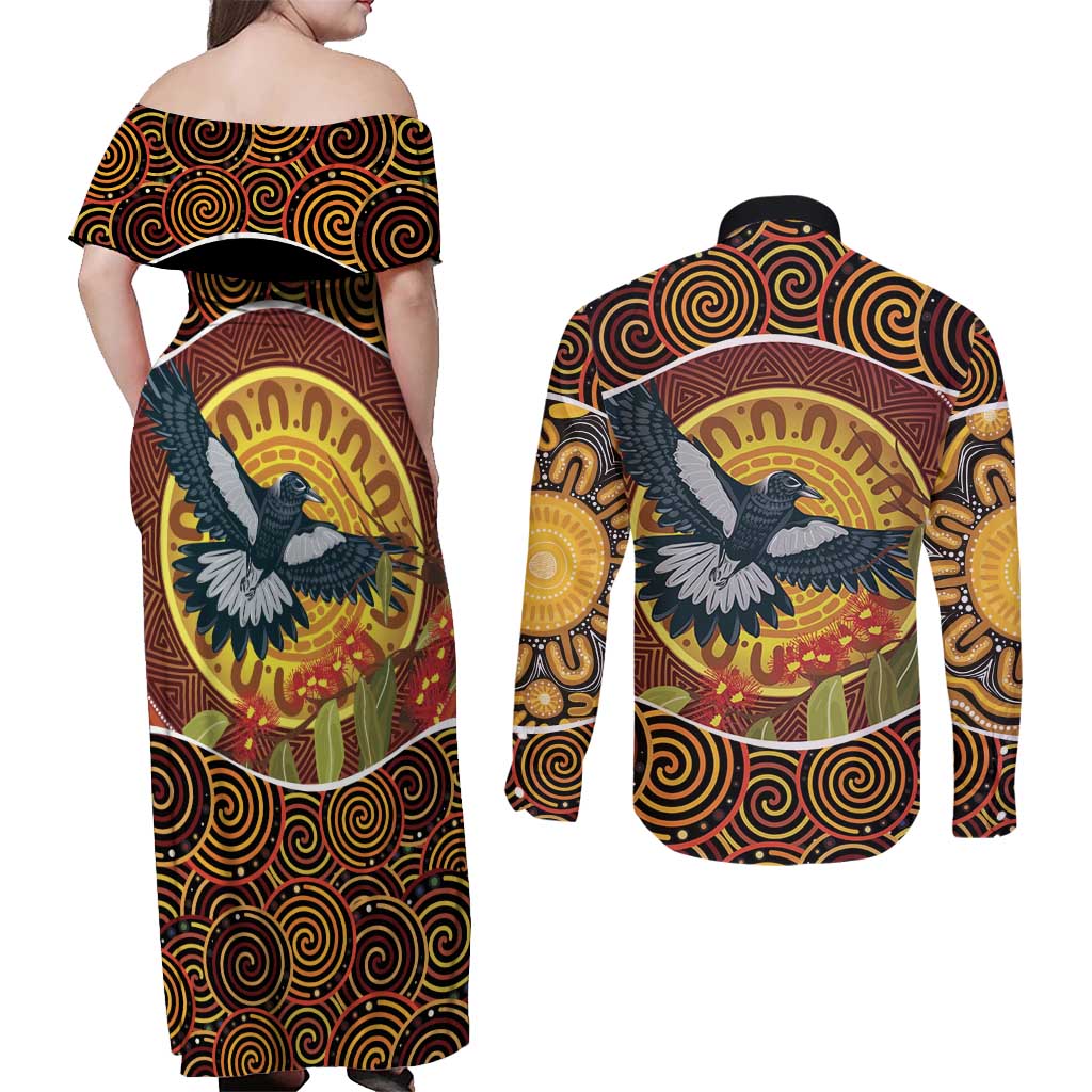 Aboriginal Magpies Dots Art Couples Matching Off Shoulder Maxi Dress and Long Sleeve Button Shirt Native Australian Animals