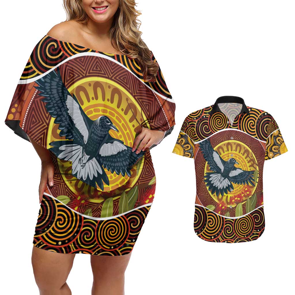 Aboriginal Magpies Dots Art Couples Matching Off Shoulder Short Dress and Hawaiian Shirt Native Australian Animals