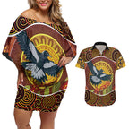 Aboriginal Magpies Dots Art Couples Matching Off Shoulder Short Dress and Hawaiian Shirt Native Australian Animals