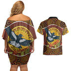 Aboriginal Magpies Dots Art Couples Matching Off Shoulder Short Dress and Hawaiian Shirt Native Australian Animals