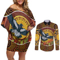 Aboriginal Magpies Dots Art Couples Matching Off Shoulder Short Dress and Long Sleeve Button Shirt Native Australian Animals