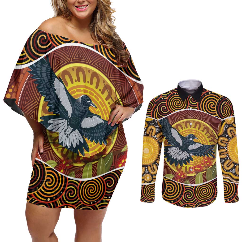 Aboriginal Magpies Dots Art Couples Matching Off Shoulder Short Dress and Long Sleeve Button Shirt Native Australian Animals