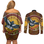 Aboriginal Magpies Dots Art Couples Matching Off Shoulder Short Dress and Long Sleeve Button Shirt Native Australian Animals