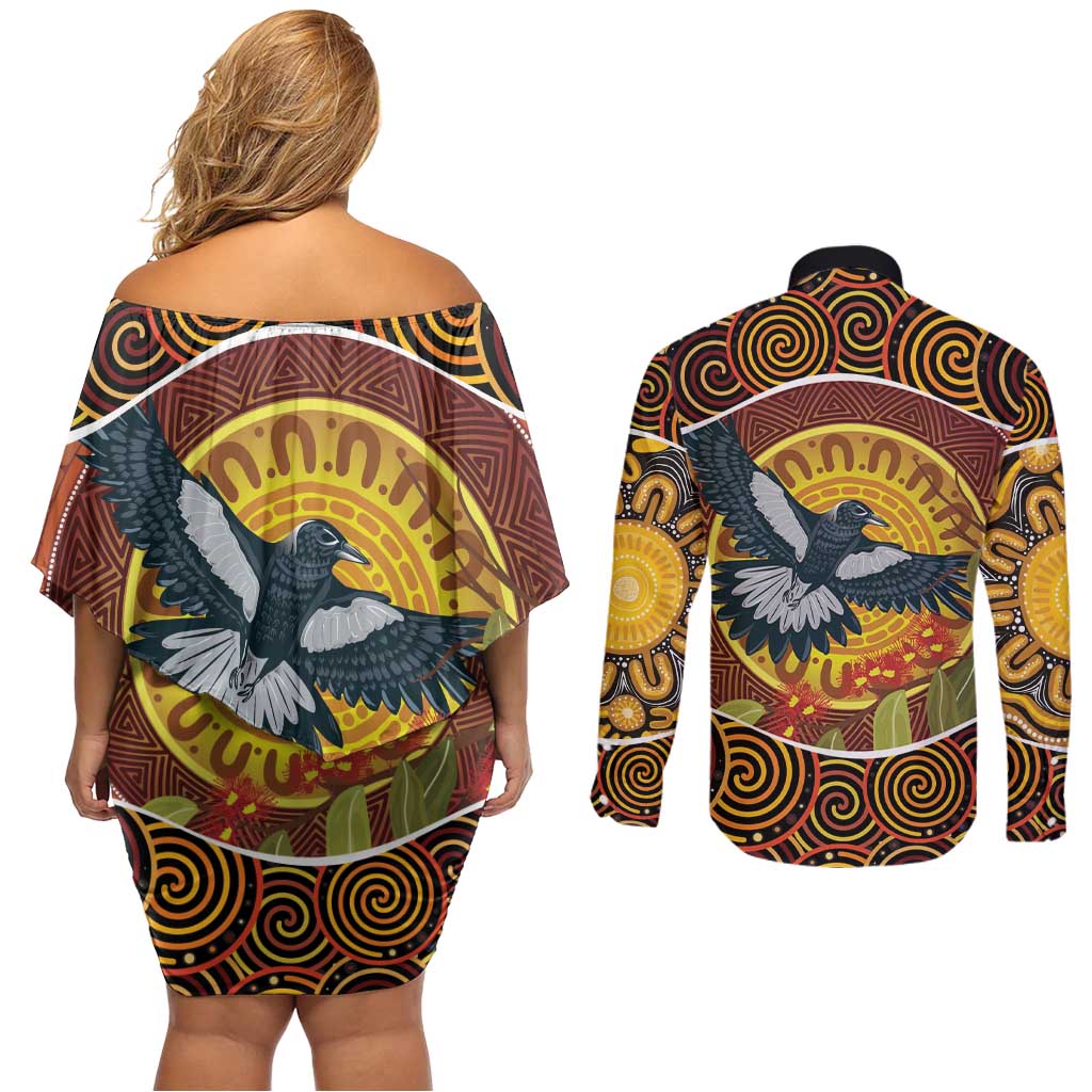 Aboriginal Magpies Dots Art Couples Matching Off Shoulder Short Dress and Long Sleeve Button Shirt Native Australian Animals