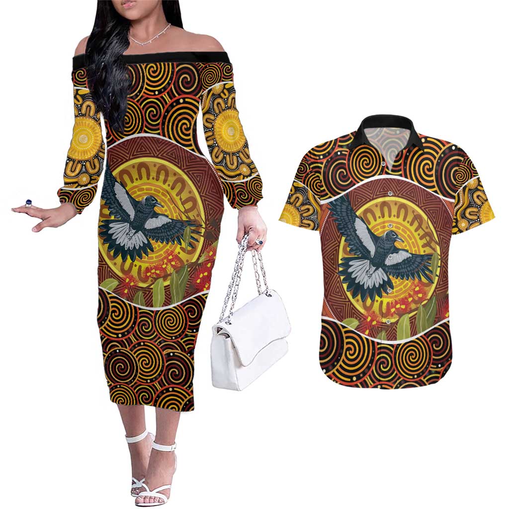 Aboriginal Magpies Dots Art Couples Matching Off The Shoulder Long Sleeve Dress and Hawaiian Shirt Native Australian Animals