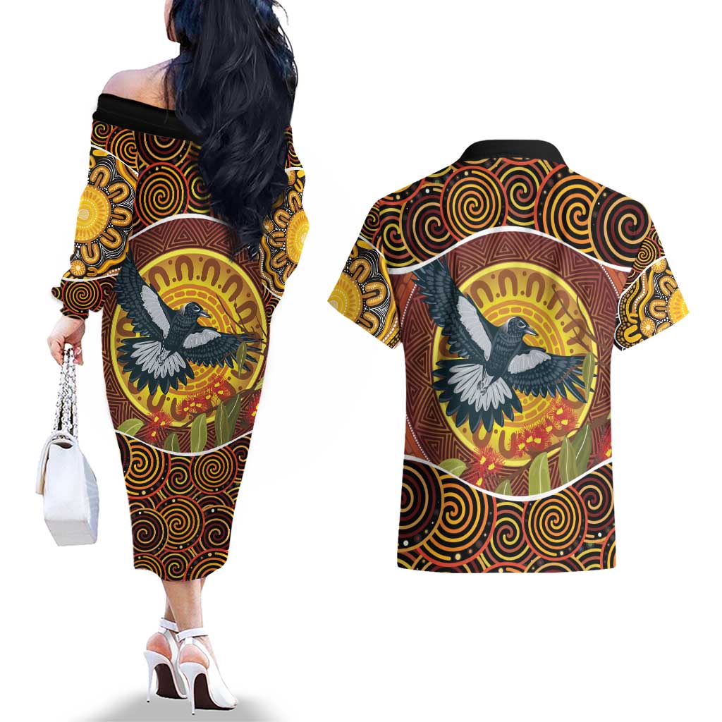 Aboriginal Magpies Dots Art Couples Matching Off The Shoulder Long Sleeve Dress and Hawaiian Shirt Native Australian Animals