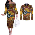 Aboriginal Magpies Dots Art Couples Matching Off The Shoulder Long Sleeve Dress and Long Sleeve Button Shirt Native Australian Animals