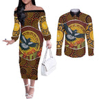 Aboriginal Magpies Dots Art Couples Matching Off The Shoulder Long Sleeve Dress and Long Sleeve Button Shirt Native Australian Animals