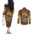 Aboriginal Magpies Dots Art Couples Matching Off The Shoulder Long Sleeve Dress and Long Sleeve Button Shirt Native Australian Animals