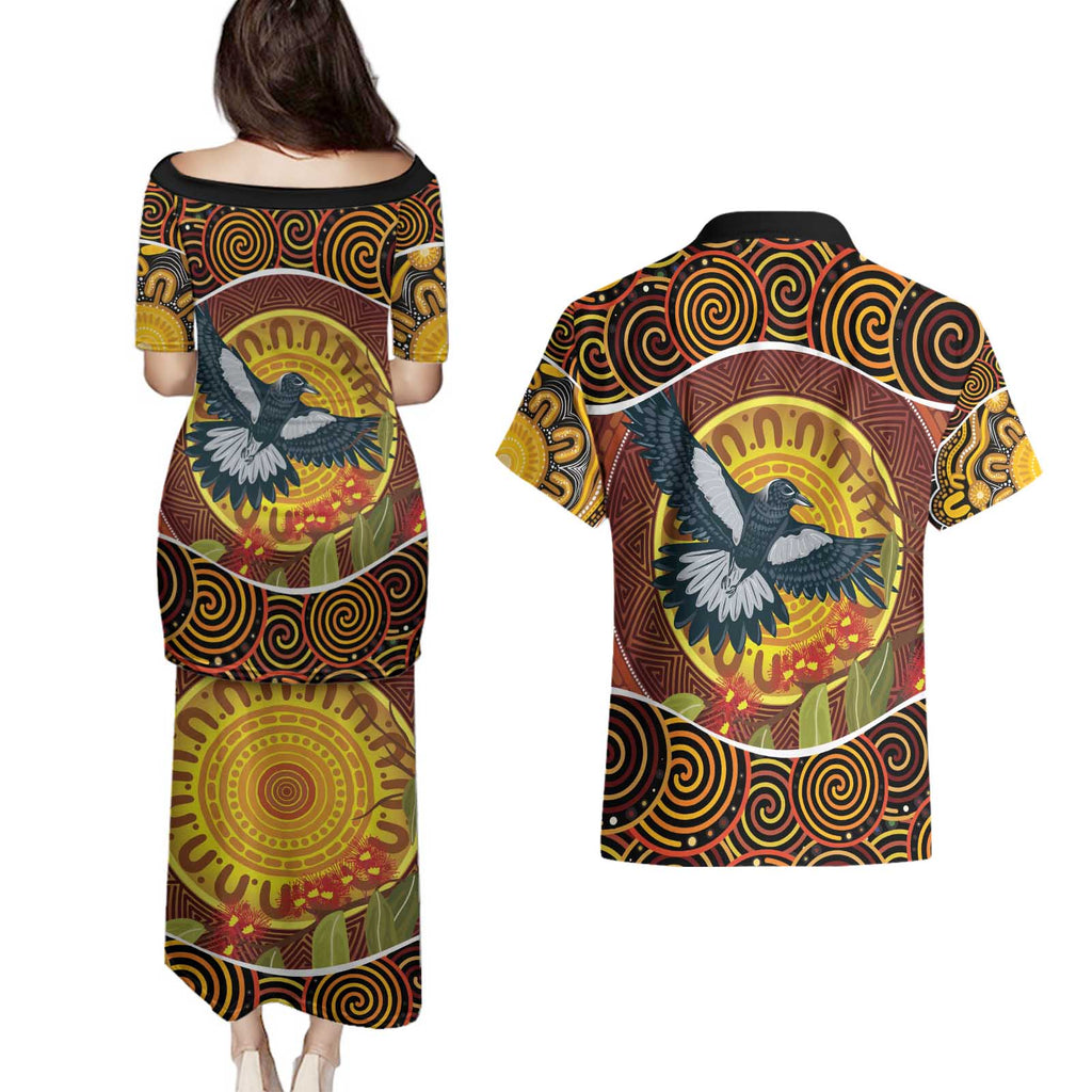 Aboriginal Magpies Dots Art Couples Matching Puletasi and Hawaiian Shirt Native Australian Animals