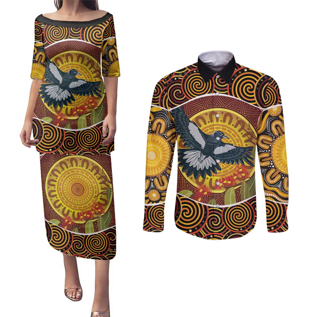 Aboriginal Magpies Dots Art Couples Matching Puletasi and Long Sleeve Button Shirt Native Australian Animals