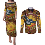 Aboriginal Magpies Dots Art Couples Matching Puletasi and Long Sleeve Button Shirt Native Australian Animals