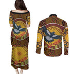 Aboriginal Magpies Dots Art Couples Matching Puletasi and Long Sleeve Button Shirt Native Australian Animals