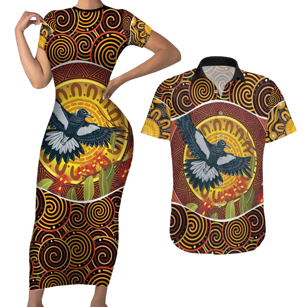 Aboriginal Magpies Dots Art Couples Matching Short Sleeve Bodycon Dress and Hawaiian Shirt Native Australian Animals