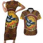 Aboriginal Magpies Dots Art Couples Matching Short Sleeve Bodycon Dress and Hawaiian Shirt Native Australian Animals