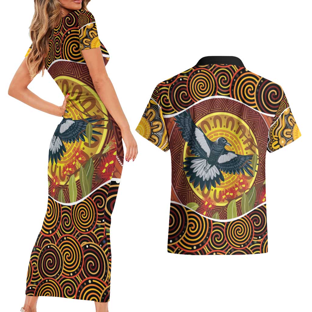 Aboriginal Magpies Dots Art Couples Matching Short Sleeve Bodycon Dress and Hawaiian Shirt Native Australian Animals