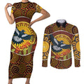 Aboriginal Magpies Dots Art Couples Matching Short Sleeve Bodycon Dress and Long Sleeve Button Shirt Native Australian Animals