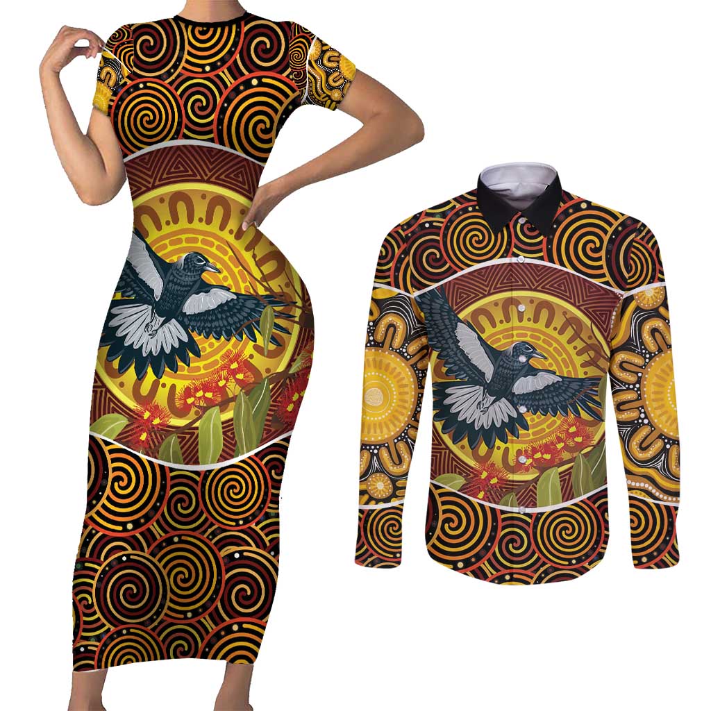 Aboriginal Magpies Dots Art Couples Matching Short Sleeve Bodycon Dress and Long Sleeve Button Shirt Native Australian Animals