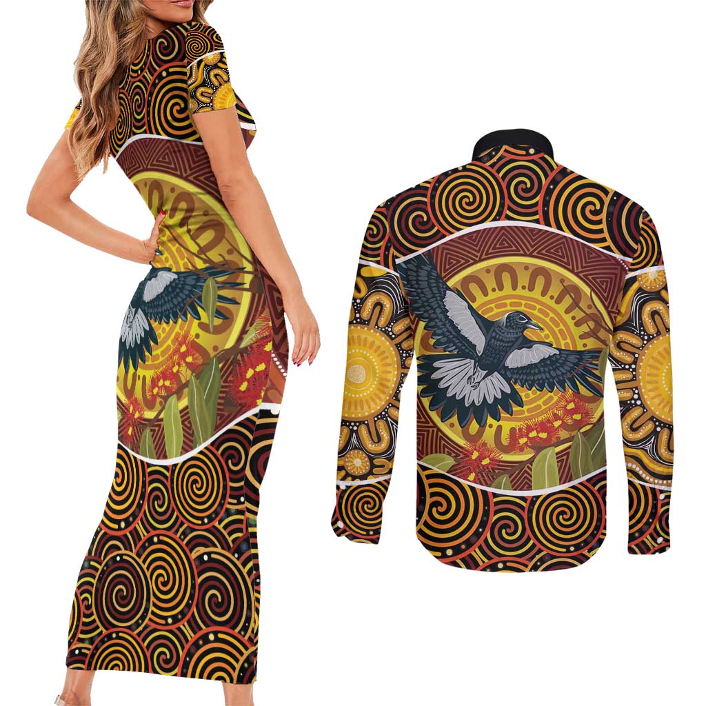 Aboriginal Magpies Dots Art Couples Matching Short Sleeve Bodycon Dress and Long Sleeve Button Shirt Native Australian Animals