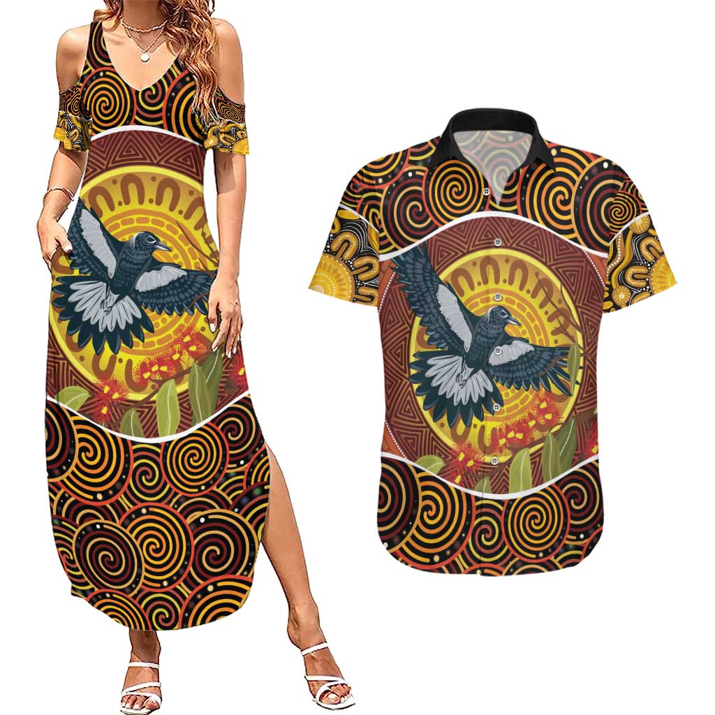 Aboriginal Magpies Dots Art Couples Matching Summer Maxi Dress and Hawaiian Shirt Native Australian Animals