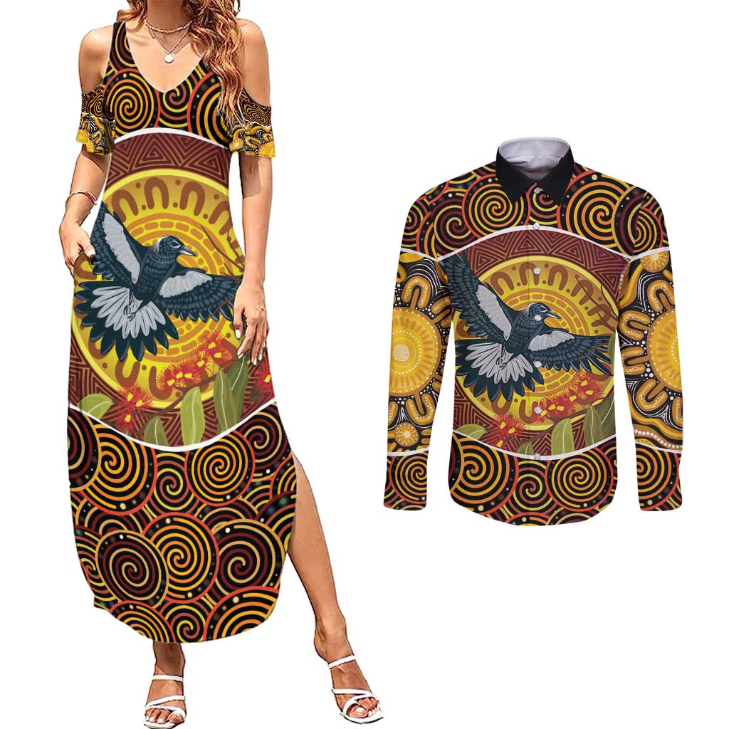 Aboriginal Magpies Dots Art Couples Matching Summer Maxi Dress and Long Sleeve Button Shirt Native Australian Animals