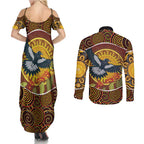 Aboriginal Magpies Dots Art Couples Matching Summer Maxi Dress and Long Sleeve Button Shirt Native Australian Animals