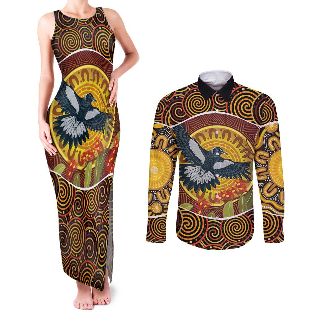 Aboriginal Magpies Dots Art Couples Matching Tank Maxi Dress and Long Sleeve Button Shirt Native Australian Animals