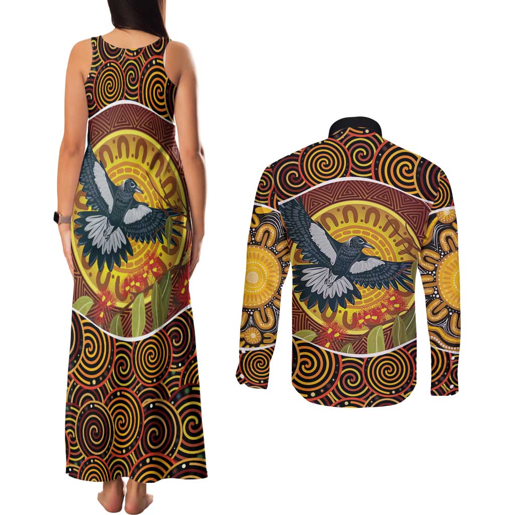Aboriginal Magpies Dots Art Couples Matching Tank Maxi Dress and Long Sleeve Button Shirt Native Australian Animals