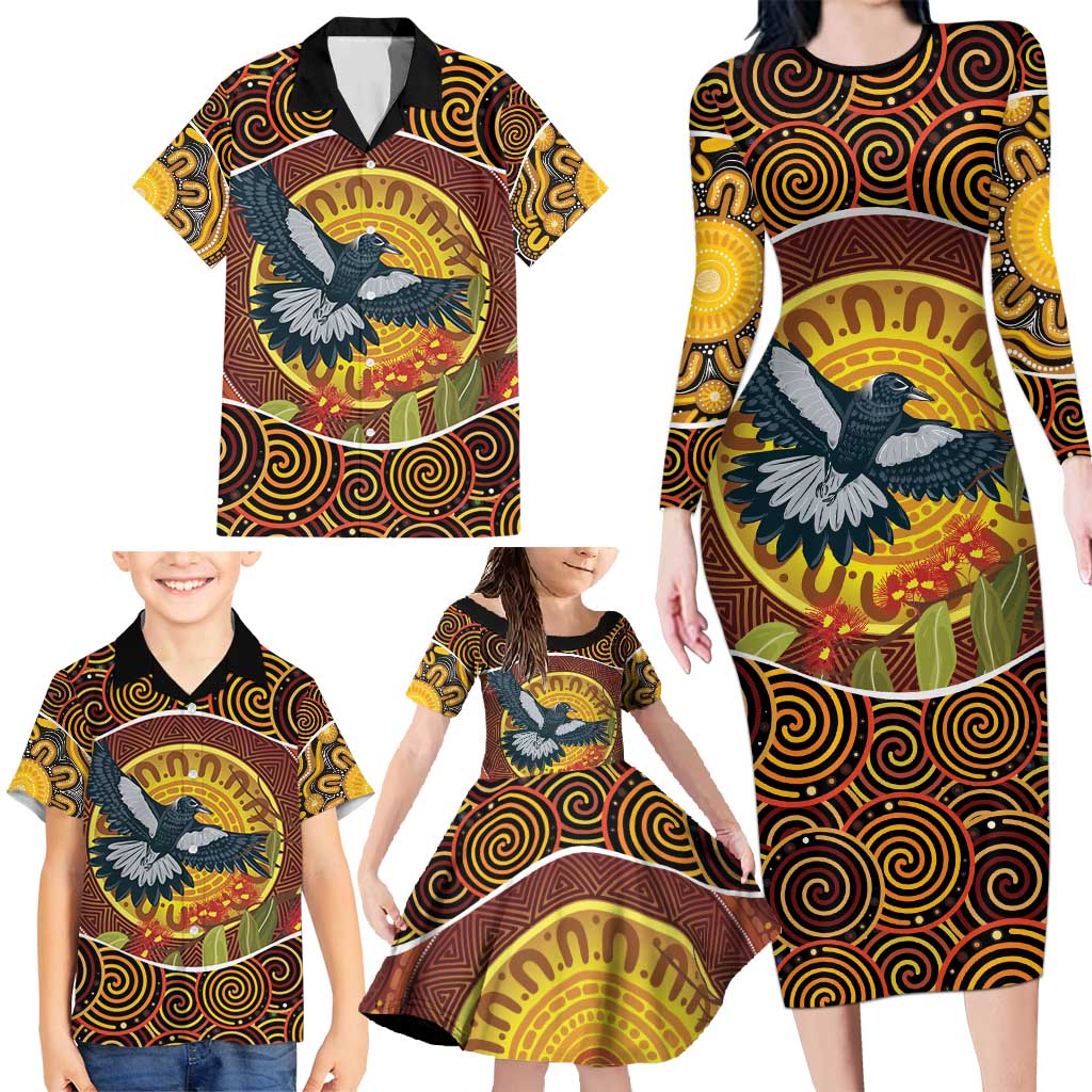 Aboriginal Magpies Dots Art Family Matching Long Sleeve Bodycon Dress and Hawaiian Shirt Native Australian Animals