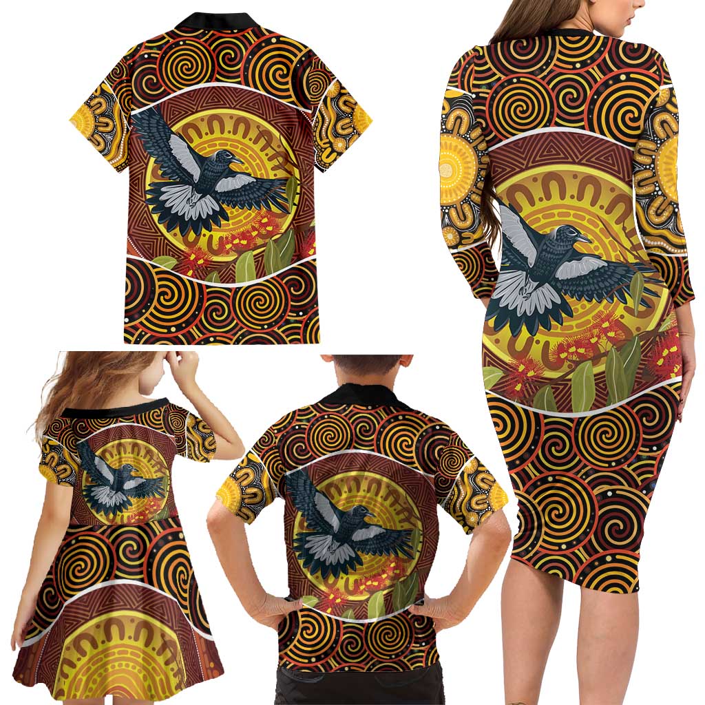 Aboriginal Magpies Dots Art Family Matching Long Sleeve Bodycon Dress and Hawaiian Shirt Native Australian Animals