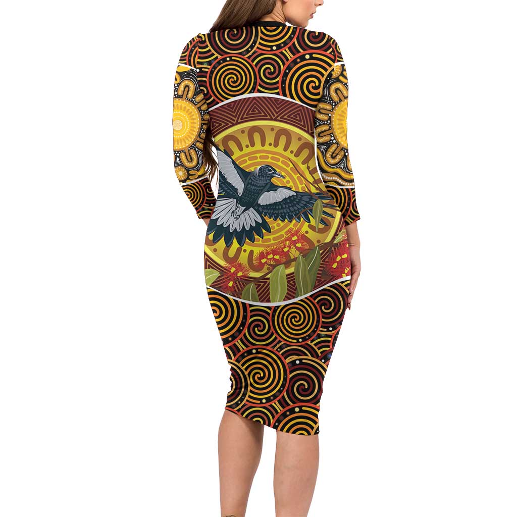 Aboriginal Magpies Dots Art Family Matching Long Sleeve Bodycon Dress and Hawaiian Shirt Native Australian Animals