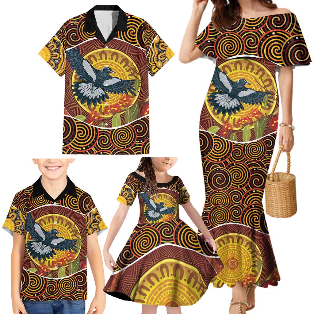 Aboriginal Magpies Dots Art Family Matching Mermaid Dress and Hawaiian Shirt Native Australian Animals