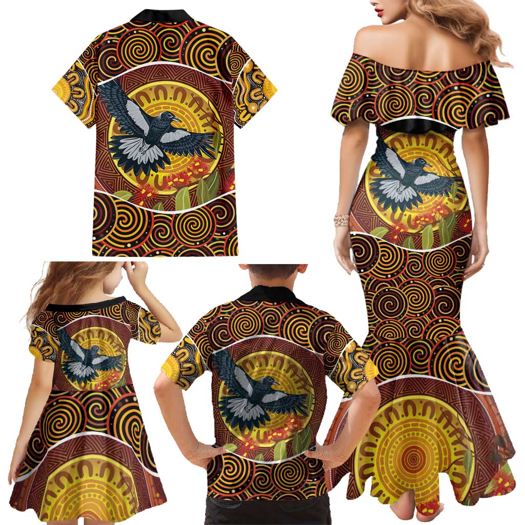 Aboriginal Magpies Dots Art Family Matching Mermaid Dress and Hawaiian Shirt Native Australian Animals