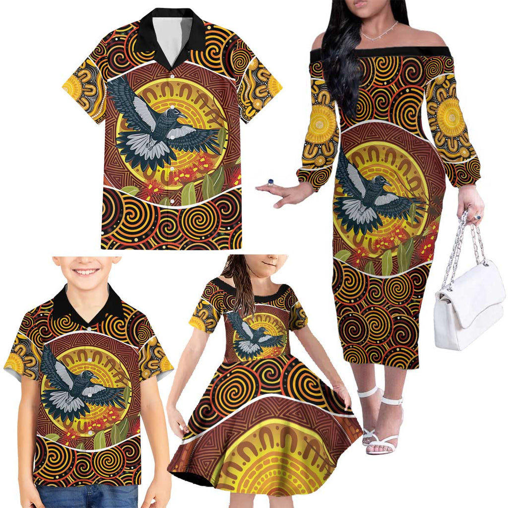 Aboriginal Magpies Dots Art Family Matching Off The Shoulder Long Sleeve Dress and Hawaiian Shirt Native Australian Animals