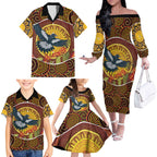Aboriginal Magpies Dots Art Family Matching Off The Shoulder Long Sleeve Dress and Hawaiian Shirt Native Australian Animals