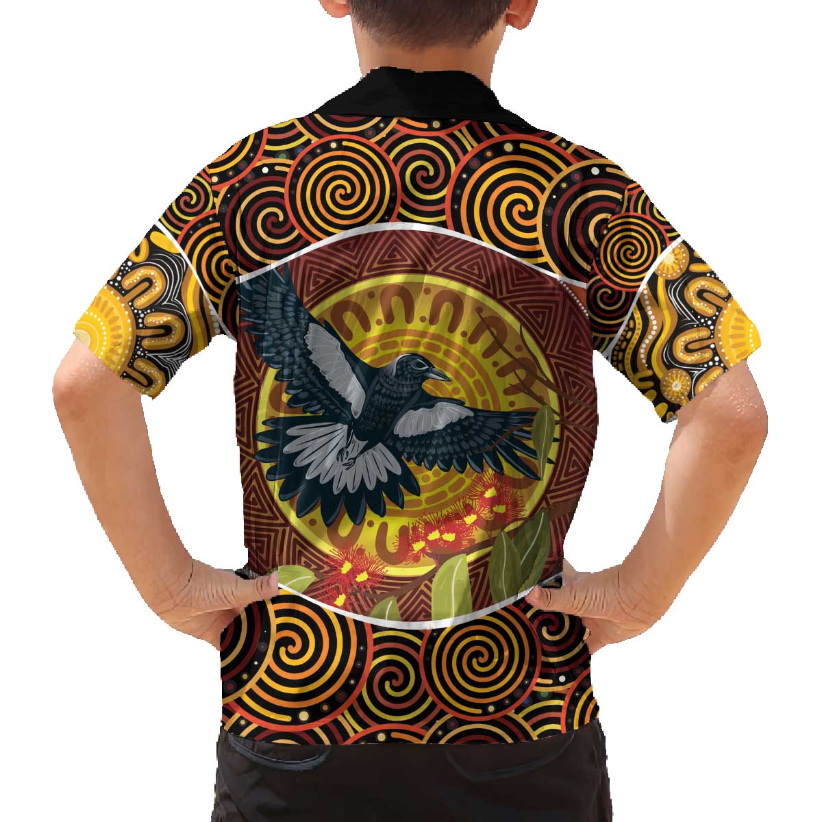 Aboriginal Magpies Dots Art Family Matching Off The Shoulder Long Sleeve Dress and Hawaiian Shirt Native Australian Animals