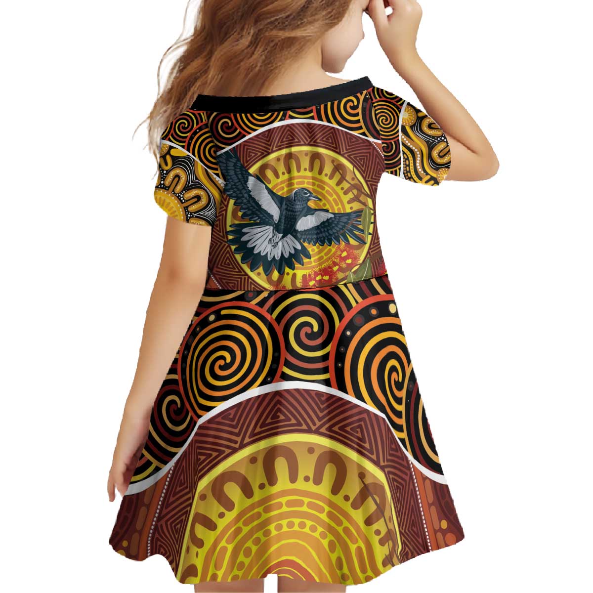 Aboriginal Magpies Dots Art Family Matching Off The Shoulder Long Sleeve Dress and Hawaiian Shirt Native Australian Animals