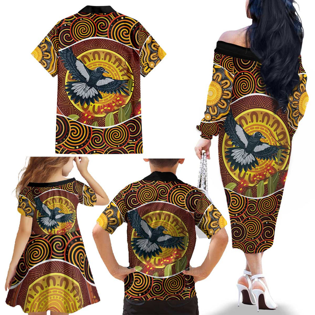 Aboriginal Magpies Dots Art Family Matching Off The Shoulder Long Sleeve Dress and Hawaiian Shirt Native Australian Animals