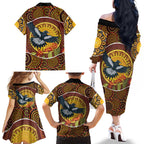 Aboriginal Magpies Dots Art Family Matching Off The Shoulder Long Sleeve Dress and Hawaiian Shirt Native Australian Animals