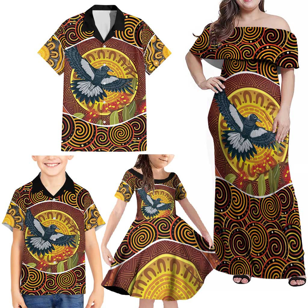 Aboriginal Magpies Dots Art Family Matching Off Shoulder Maxi Dress and Hawaiian Shirt Native Australian Animals