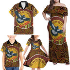 Aboriginal Magpies Dots Art Family Matching Off Shoulder Maxi Dress and Hawaiian Shirt Native Australian Animals