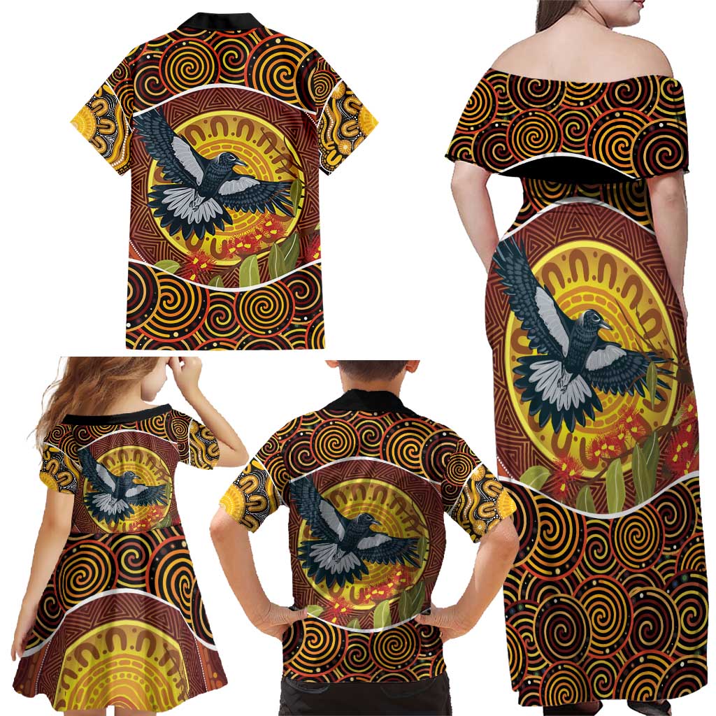 Aboriginal Magpies Dots Art Family Matching Off Shoulder Maxi Dress and Hawaiian Shirt Native Australian Animals