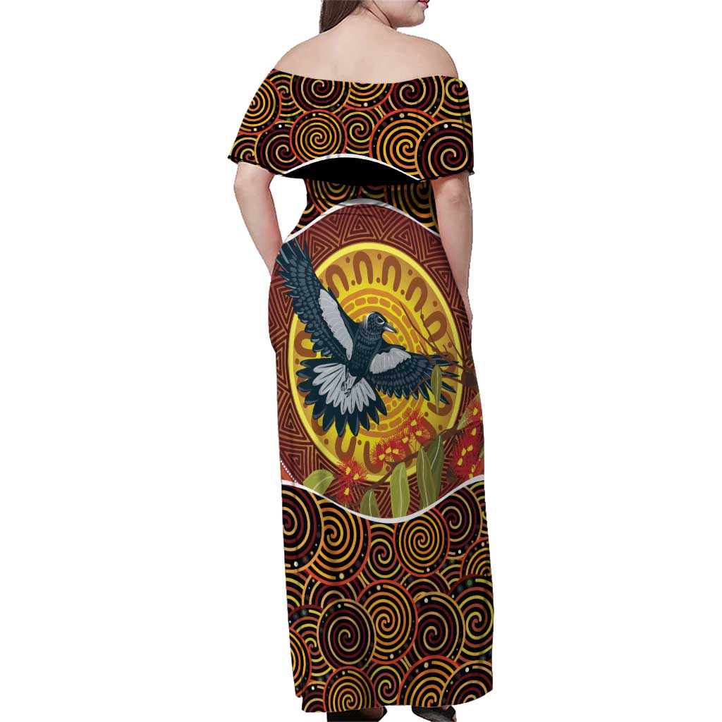 Aboriginal Magpies Dots Art Family Matching Off Shoulder Maxi Dress and Hawaiian Shirt Native Australian Animals
