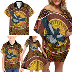 Aboriginal Magpies Dots Art Family Matching Off Shoulder Short Dress and Hawaiian Shirt Native Australian Animals