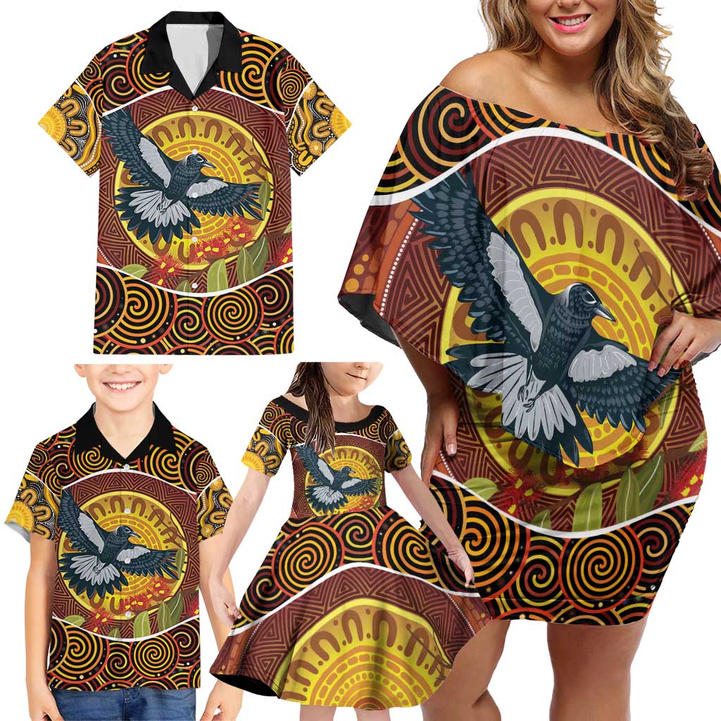 Aboriginal Magpies Dots Art Family Matching Off Shoulder Short Dress and Hawaiian Shirt Native Australian Animals