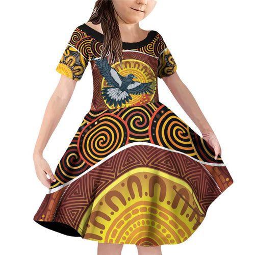Aboriginal Magpies Dots Art Family Matching Off Shoulder Short Dress and Hawaiian Shirt Native Australian Animals