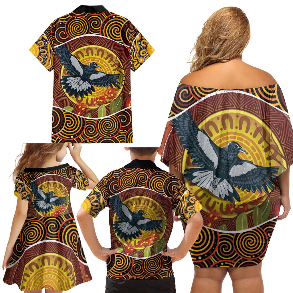 Aboriginal Magpies Dots Art Family Matching Off Shoulder Short Dress and Hawaiian Shirt Native Australian Animals