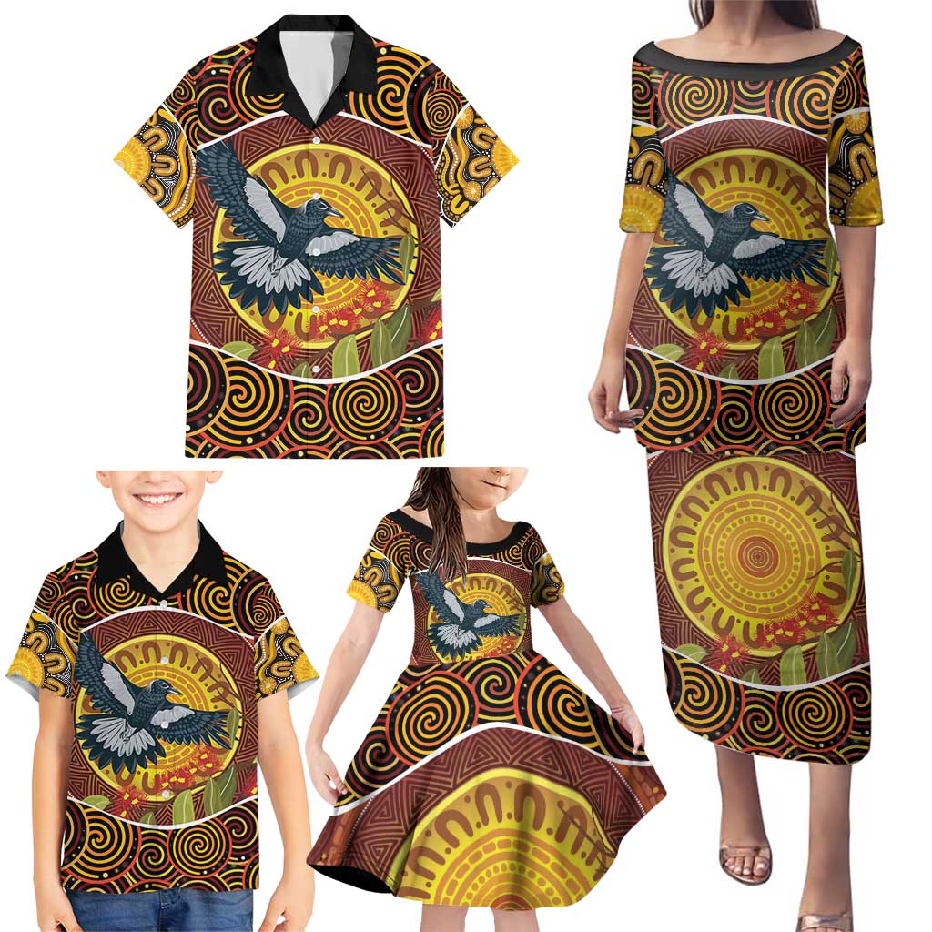 Aboriginal Magpies Dots Art Family Matching Puletasi and Hawaiian Shirt Native Australian Animals
