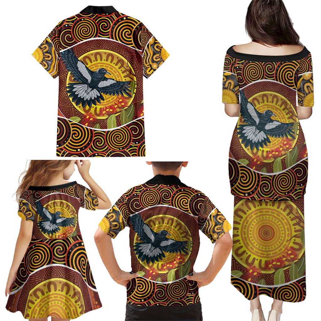 Aboriginal Magpies Dots Art Family Matching Puletasi and Hawaiian Shirt Native Australian Animals