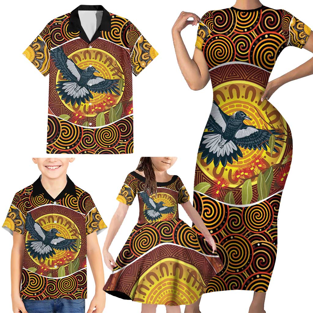 Aboriginal Magpies Dots Art Family Matching Short Sleeve Bodycon Dress and Hawaiian Shirt Native Australian Animals